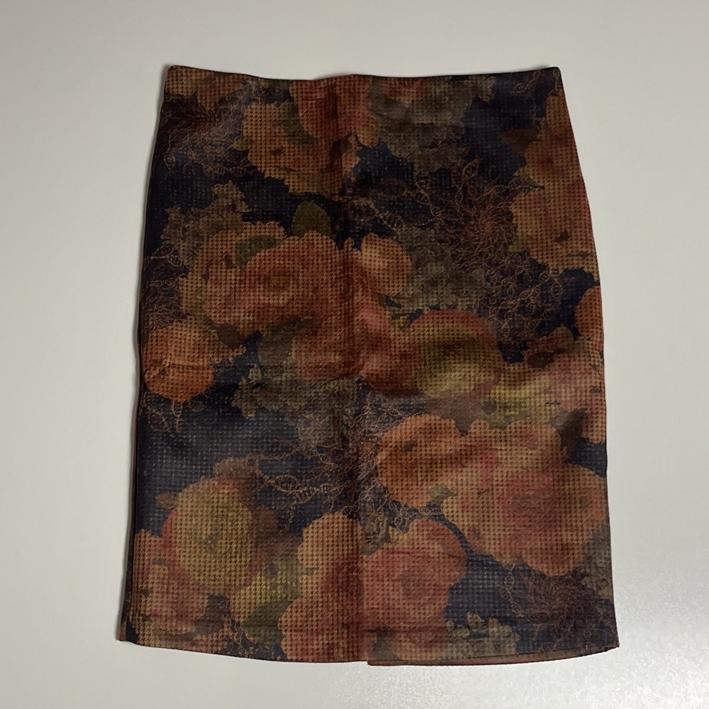 Jenna Rose Floral Houndstooth Pencil Skirt Sz 12 Brown Multi Stretch Knee Length